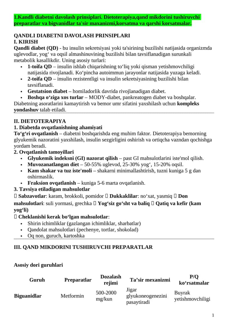 Qandli diabetni davolash prinsiplari