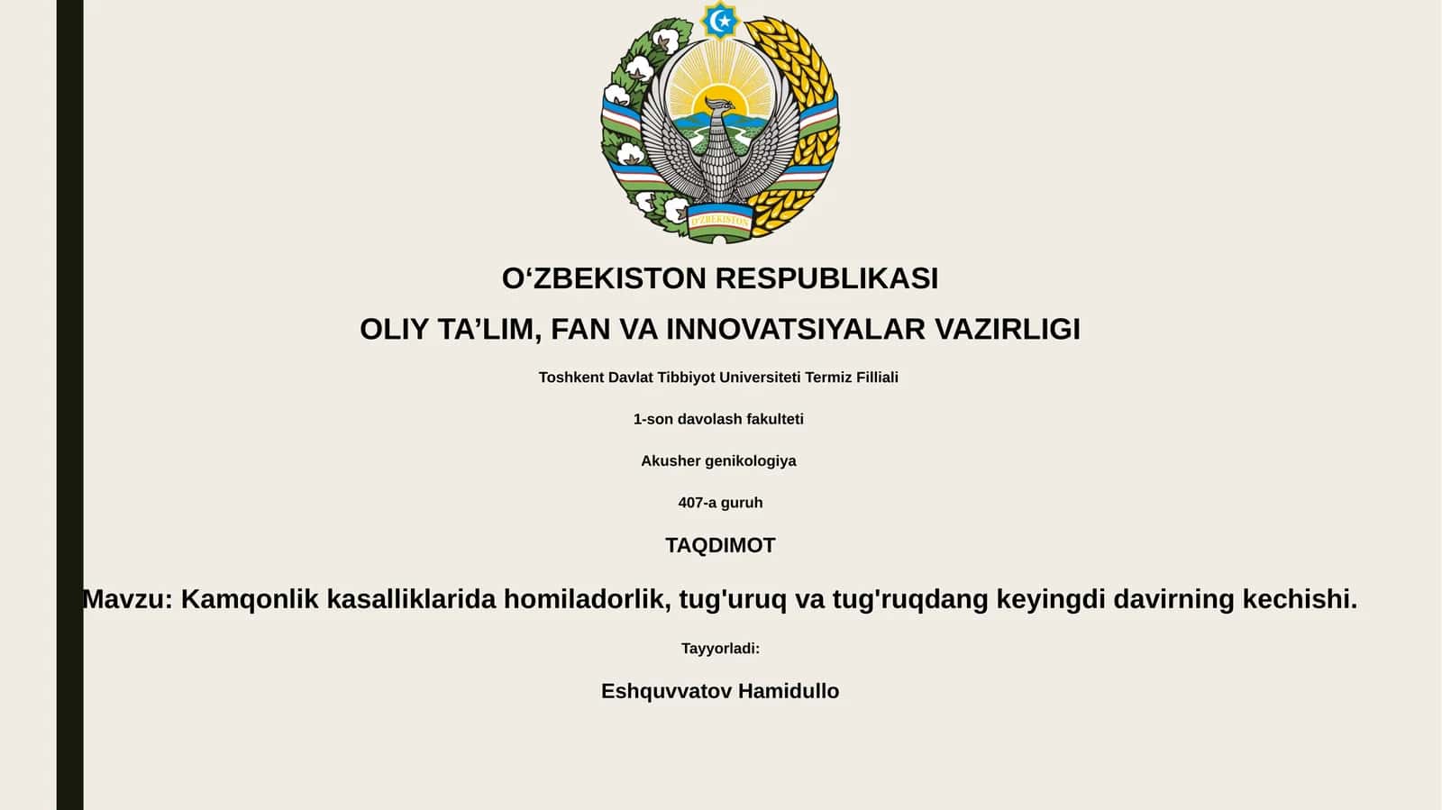 Kamqonlik kasalliklarida homiladorlik, tug'uruq va tug'ruqdang keyingdi davirning kechishi