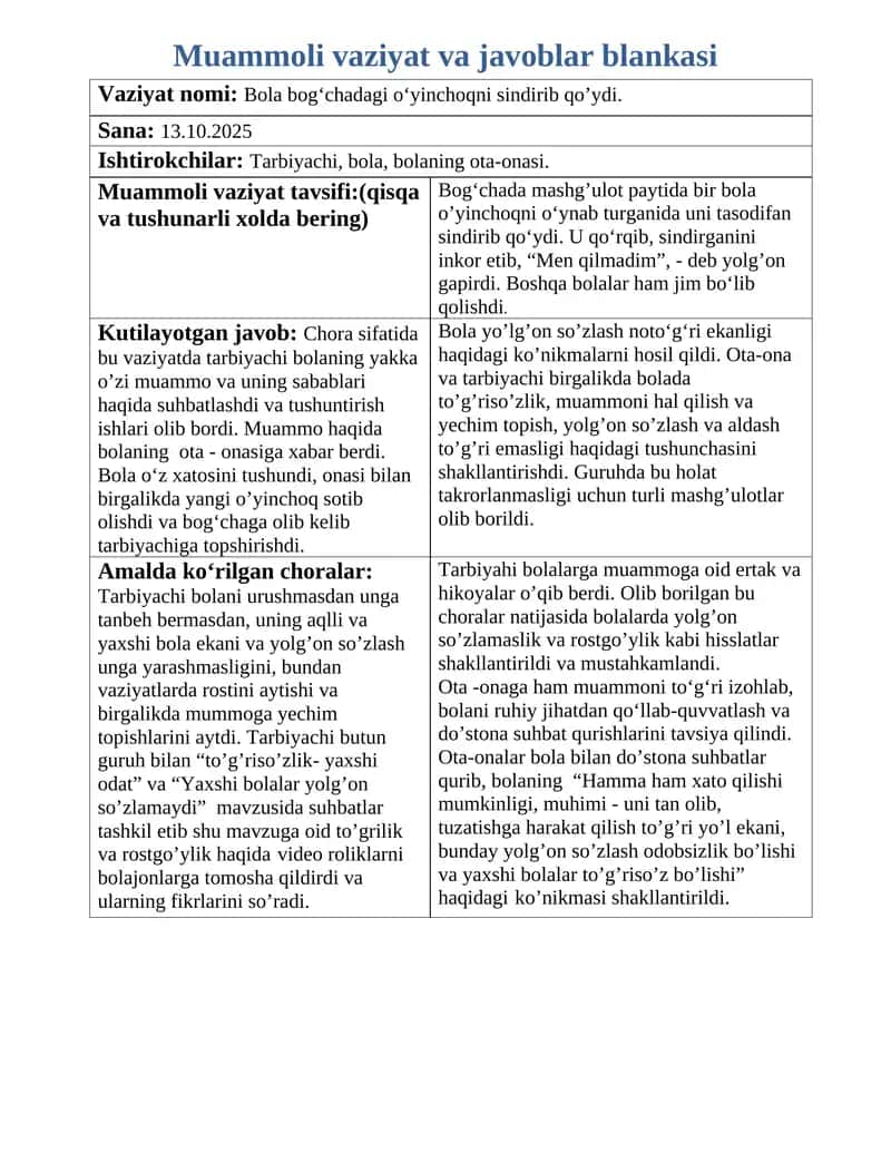 Muammoli vaziyat va javoblar blankasi