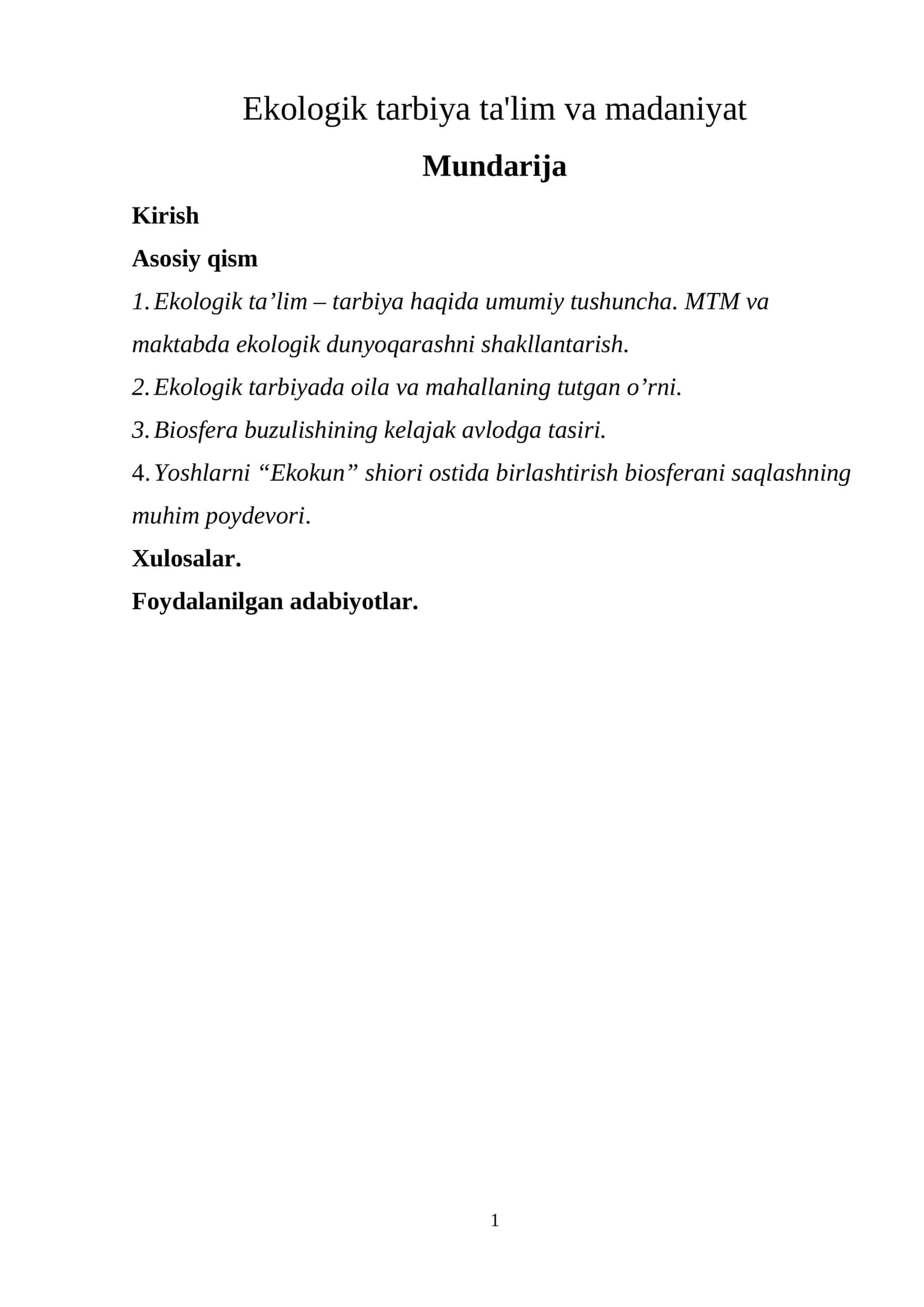 Ekologik tarbiya ta'lim va madaniyat