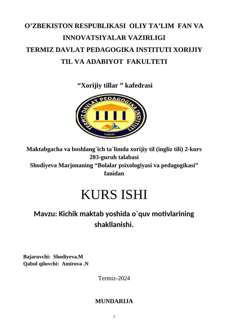 Kichik maktab yoshida o`quv motivlarining shakllanishi