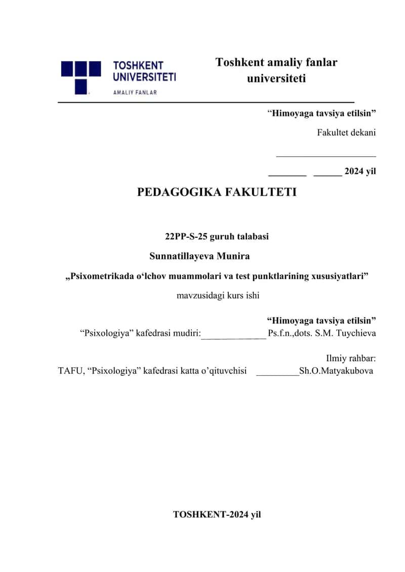 Psixometrikada oʻlchov muammolari va test punktlarining xususiyatlari
