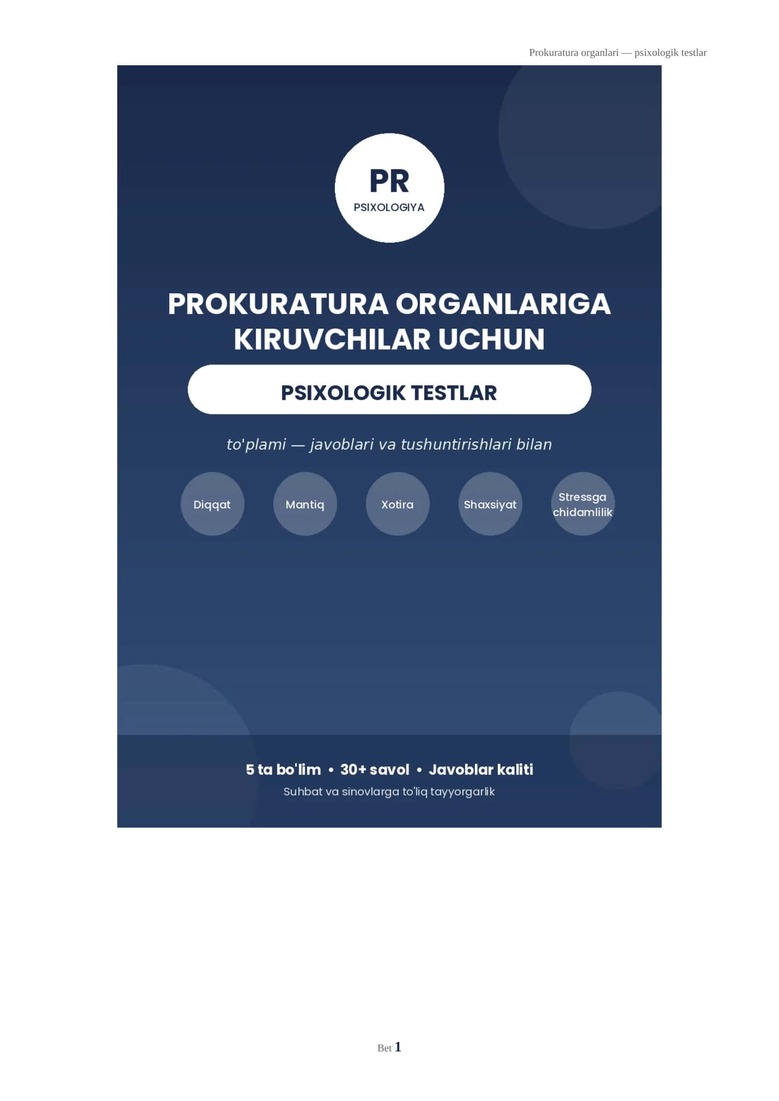 Prokuratura organlariga kiruvchilar uchun psixologik testlar to'plami (javoblari bilan)