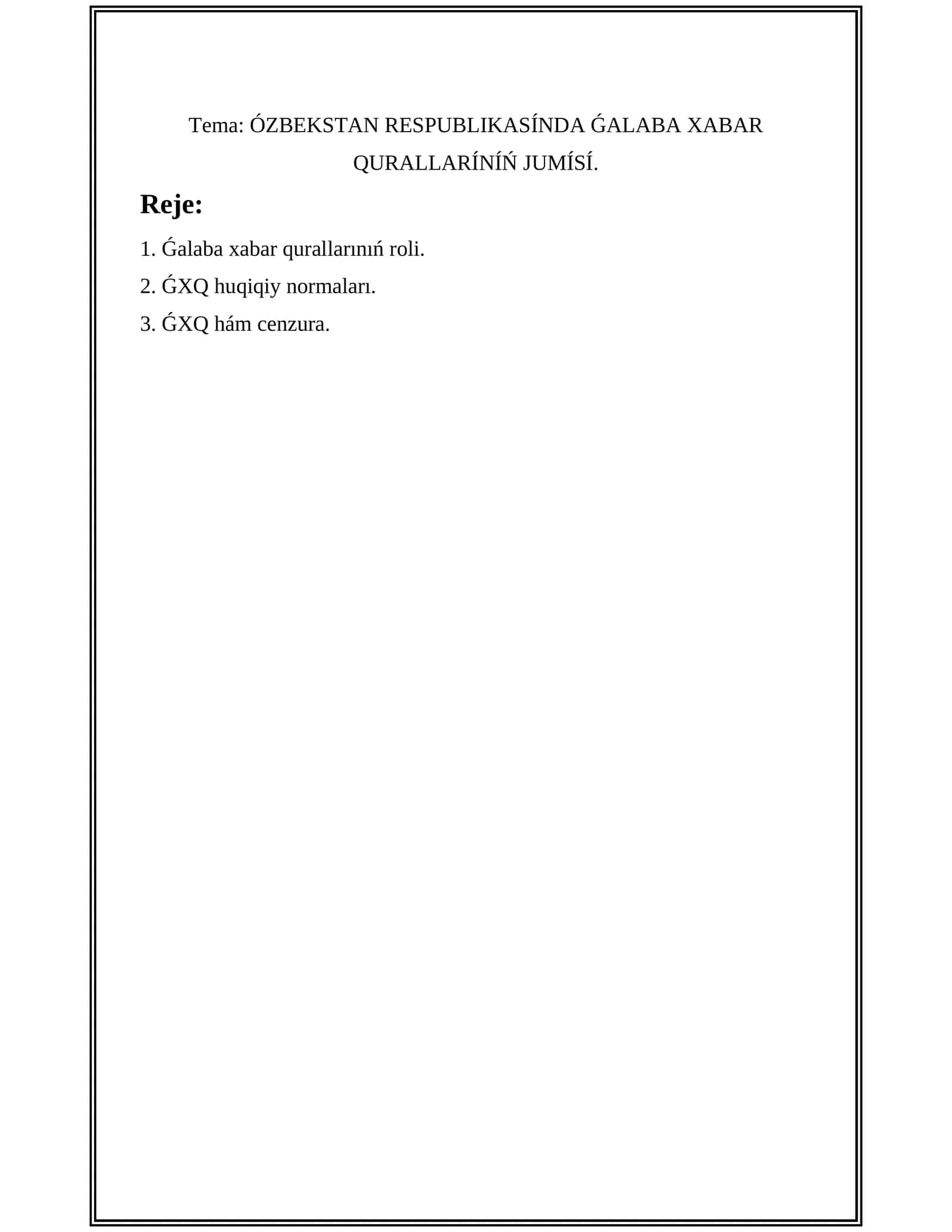 ÓZBEKSTAN RESPUBLIKASÍNDA ǴALABA XABAR QURALLARÍNÍŃ JUMÍSÍ