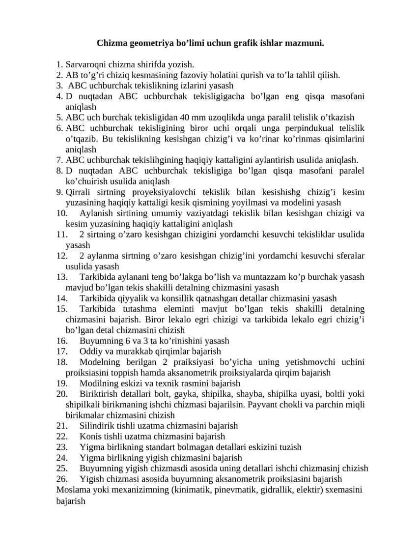 Chizma geometriya bo’limi uchun grafik ishlar mazmuni