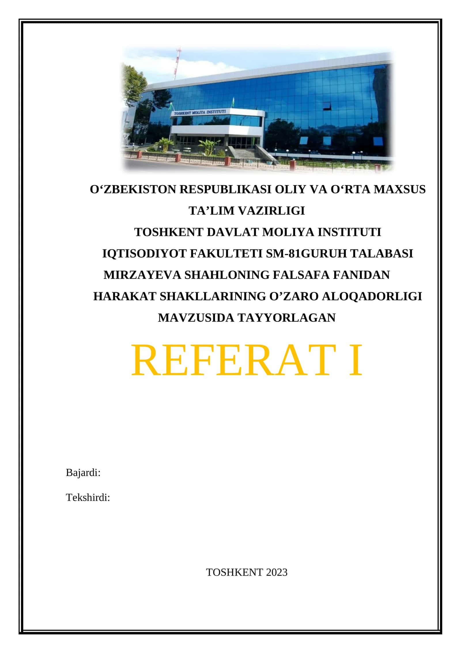 HARAKAT SHAKLLARINING O’ZARO ALOQADORLIGI MAVZUSIDA TAYYORLAGAN REFERAT I