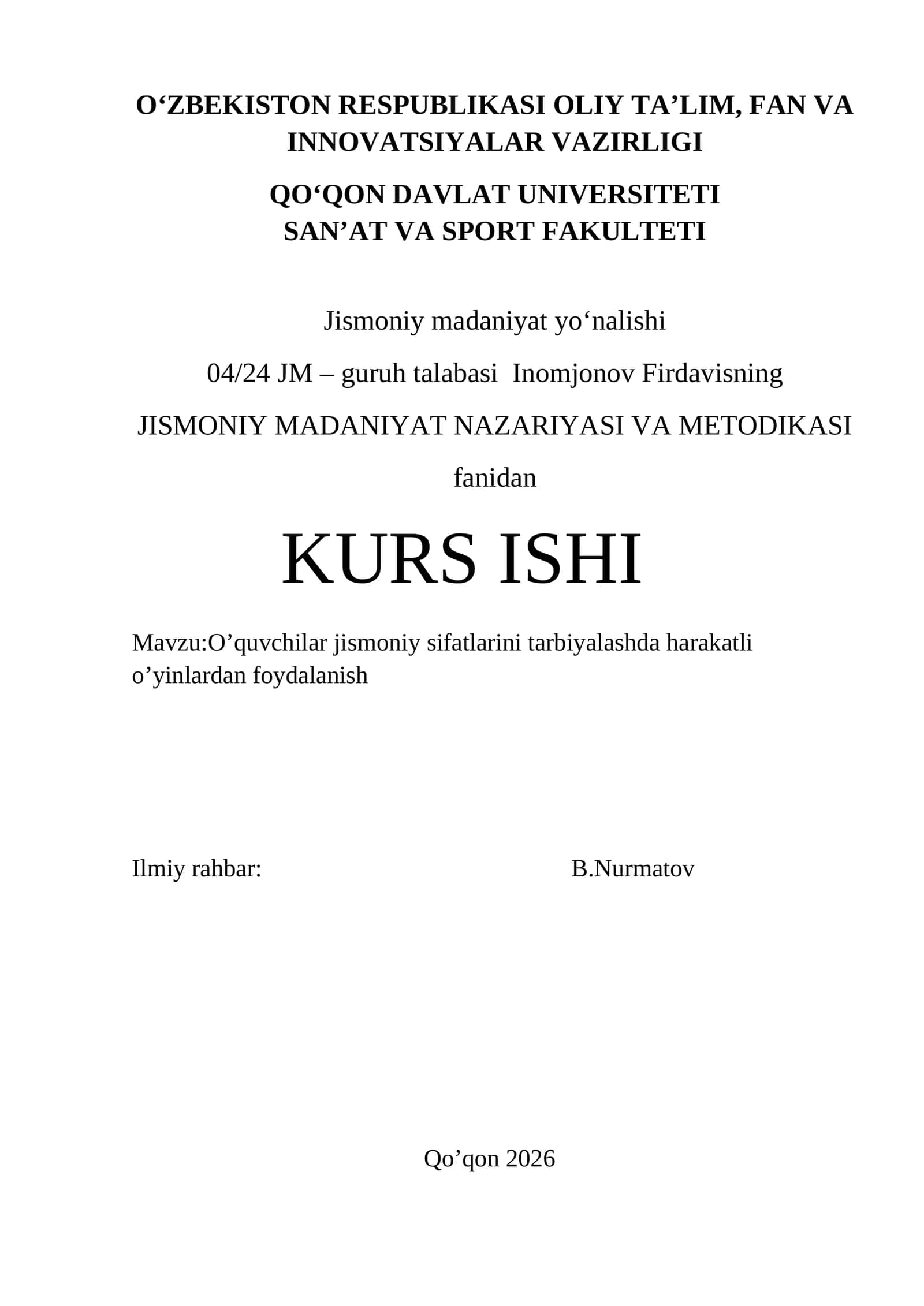 O’quvchilar jismoniy sifatlarini tarbiyalashda harakatli o’yinlardan foydalanish