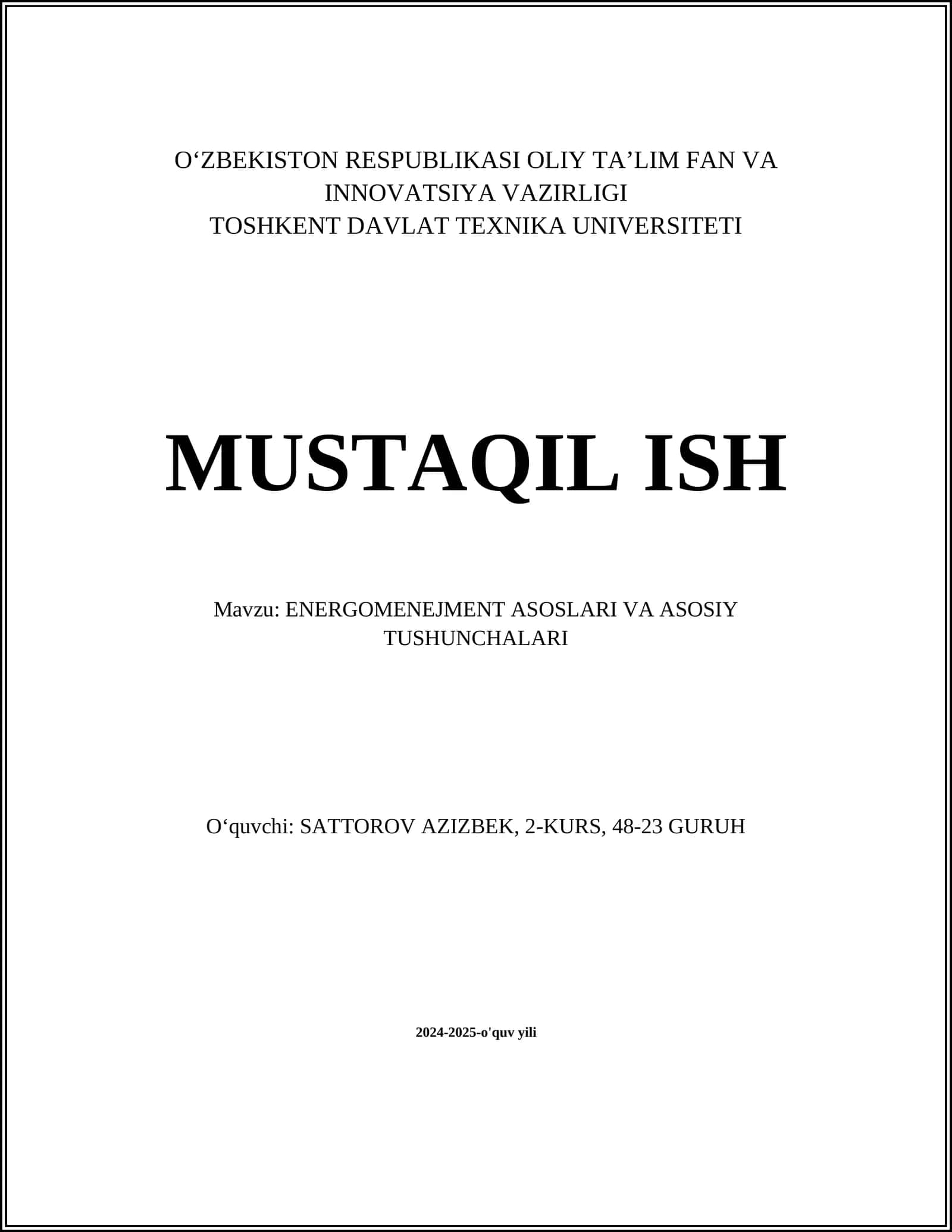 ENERGOMENEJMENT ASOSLARI VA ASOSIY TUSHUNCHALARI