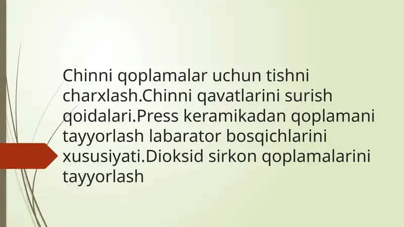 Chinni qoplamalar uchun tishni charxlash.Chinni qavatlarini surish qoidalari.Press keramikadan qoplamani tayyorlash labarator bosqichlarini xususiyati.Dioksid sirkon qoplamalarini tayyorlash