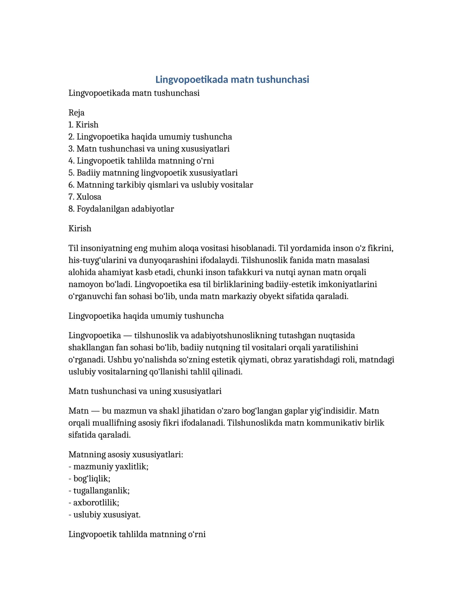 Lingvopoetikada matn tushunchasi