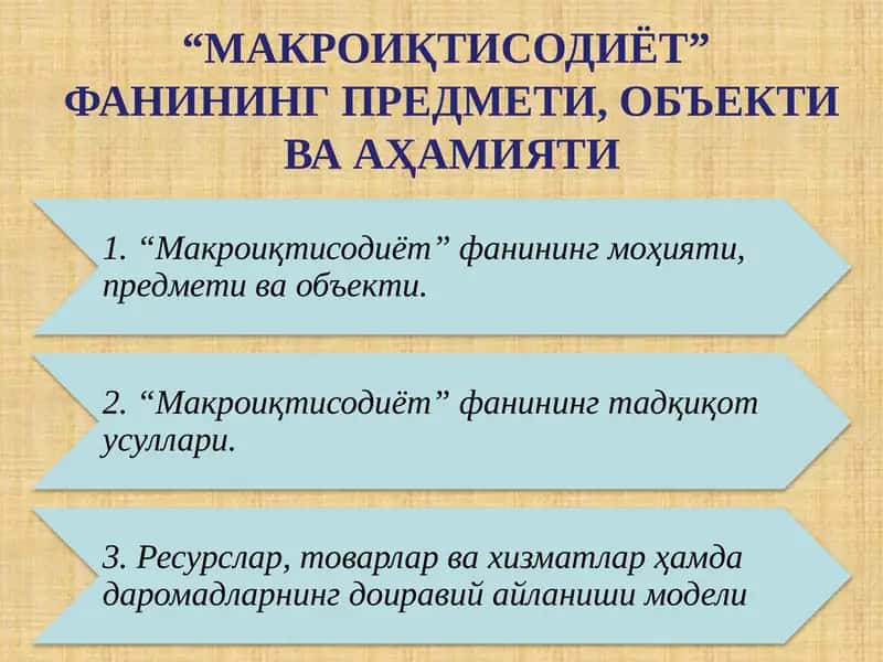 МАКРОИҚТИСОДИЁТ” ФАНИНИНГ ПРЕДМЕТИ, ОБЪЕКТИ ВА АҲАМИЯТИ