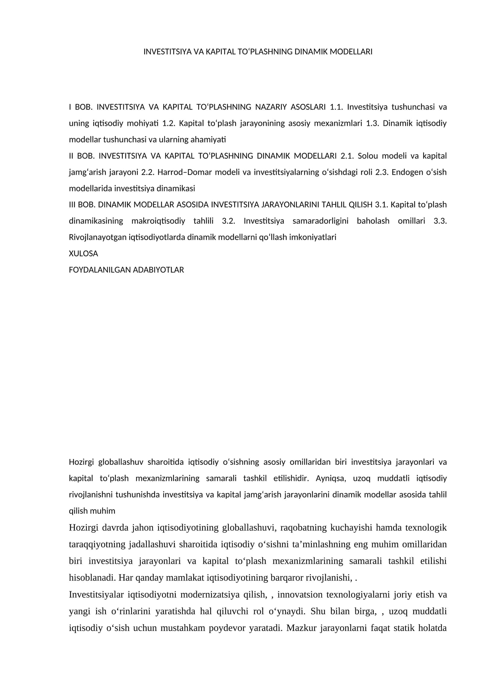 INVESTITSIYA VA KAPITAL TO‘PLASHNING DINAMIK MODELLARI