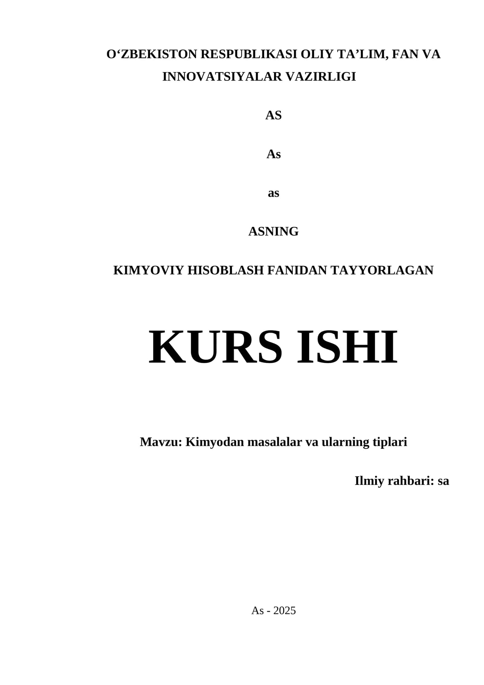 KIMYODAN MASALALAR VA ULARNING TIPLARI KURS ISHI