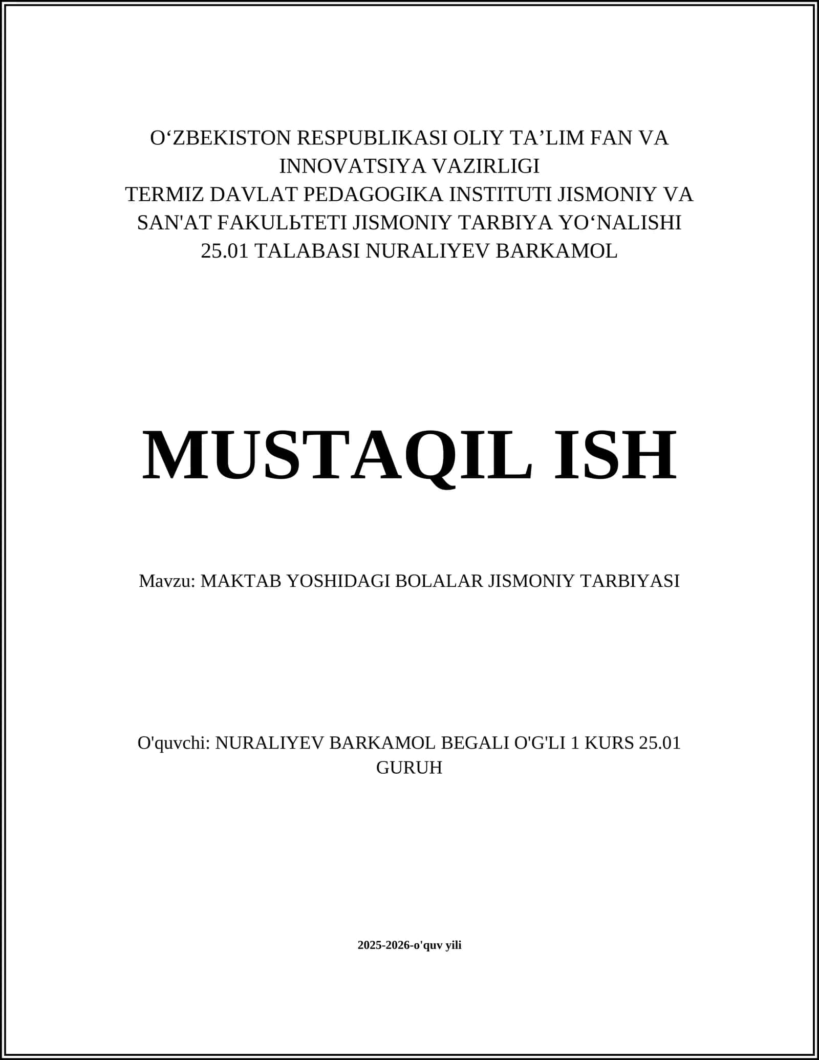 MAKTAB YOSHIDAGI BOLALAR JISMONIY TARBIYASI