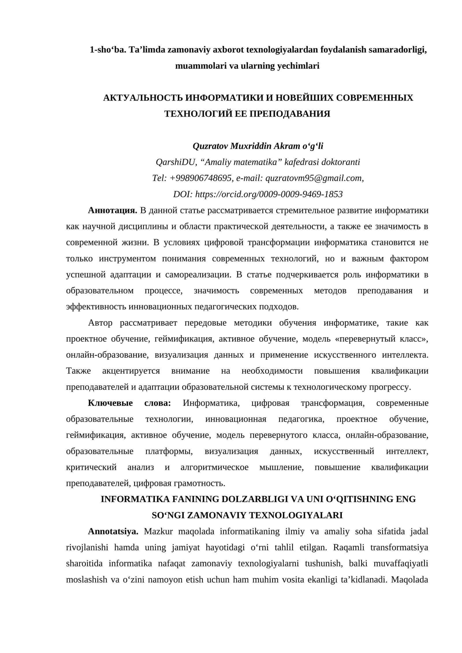 INFORMATIKA FANINING DOLZARBLIGI VA UNI O‘QITISHNING ENG SO‘NGI ZAMONAVIY TEXNOLOGIYALARI