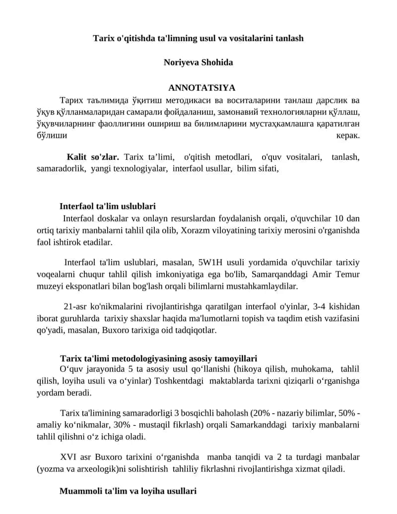 Tarix o'qitishda ta'limning usul va vositalarini tanlash