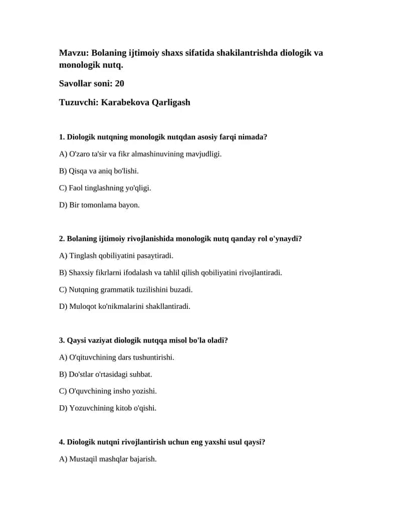 Bolaning ijtimoiy shaxs sifatida shakilantrishda diologik va monologik nutq