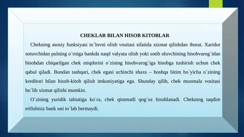 CHEKLAR BILAN HISOB KITOBLAR