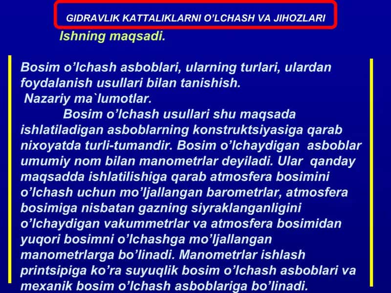 Gidravlik kattaliklarni o‘lchash va jihozlari