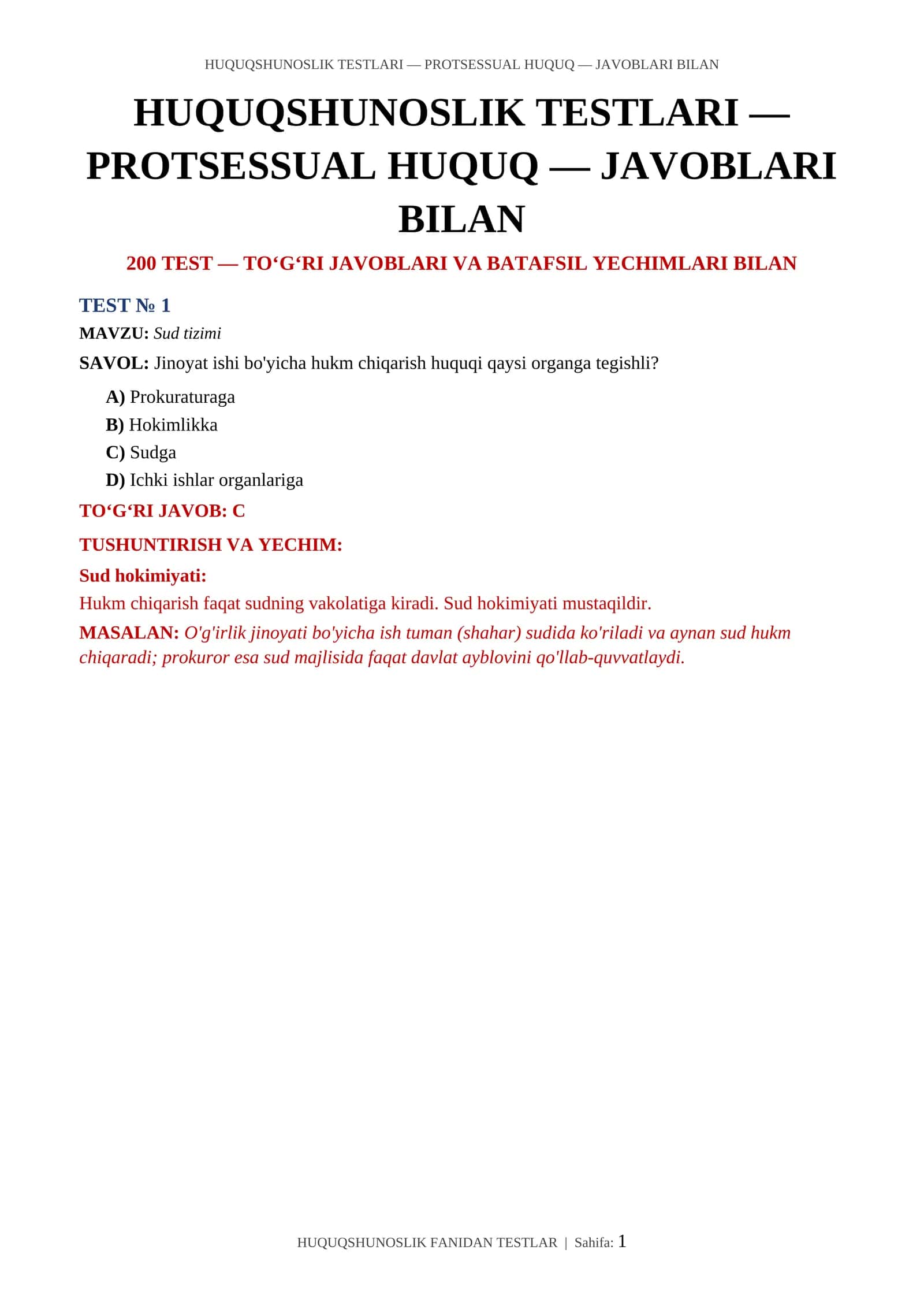 HUQUQSHUNOSLIK TESTLARI — PROTSESSUAL HUQUQ — JAVOBLARI BILAN