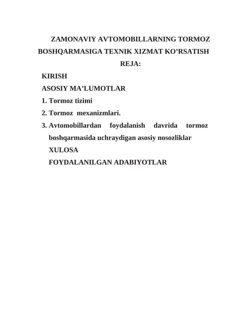 ZAMONAVIY AVTOMOBILLARNING TORMOZ BOSHQARMASIGA TEXNIK XIZMAT KO’RSATISH