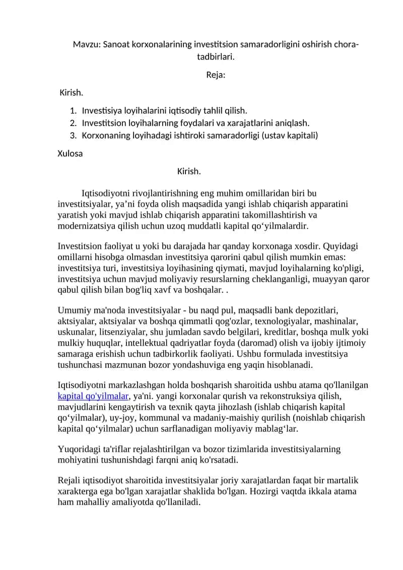 Sanoat korxonalarining investitsion samaradorligini oshirish chora-tadbirlari