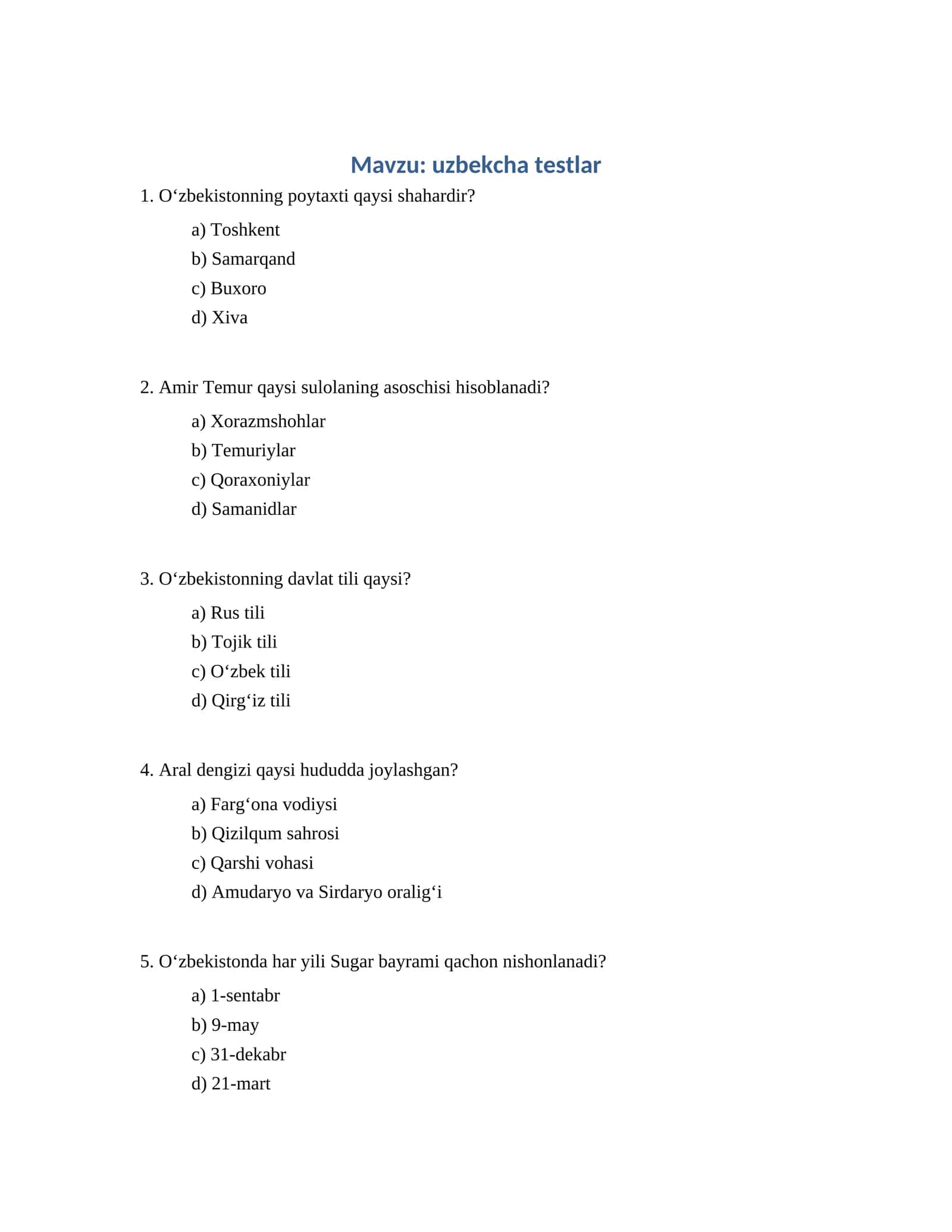 uzbekcha testlar