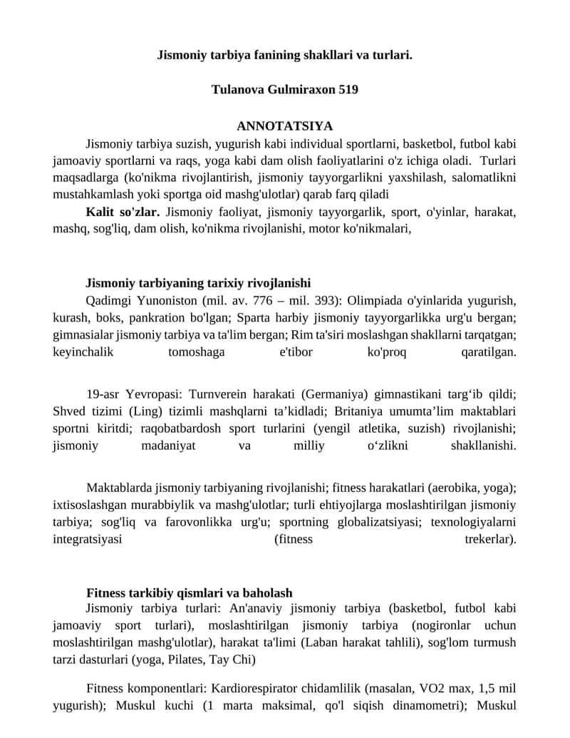 Jismoniy tarbiya fanining shakllari va turlari