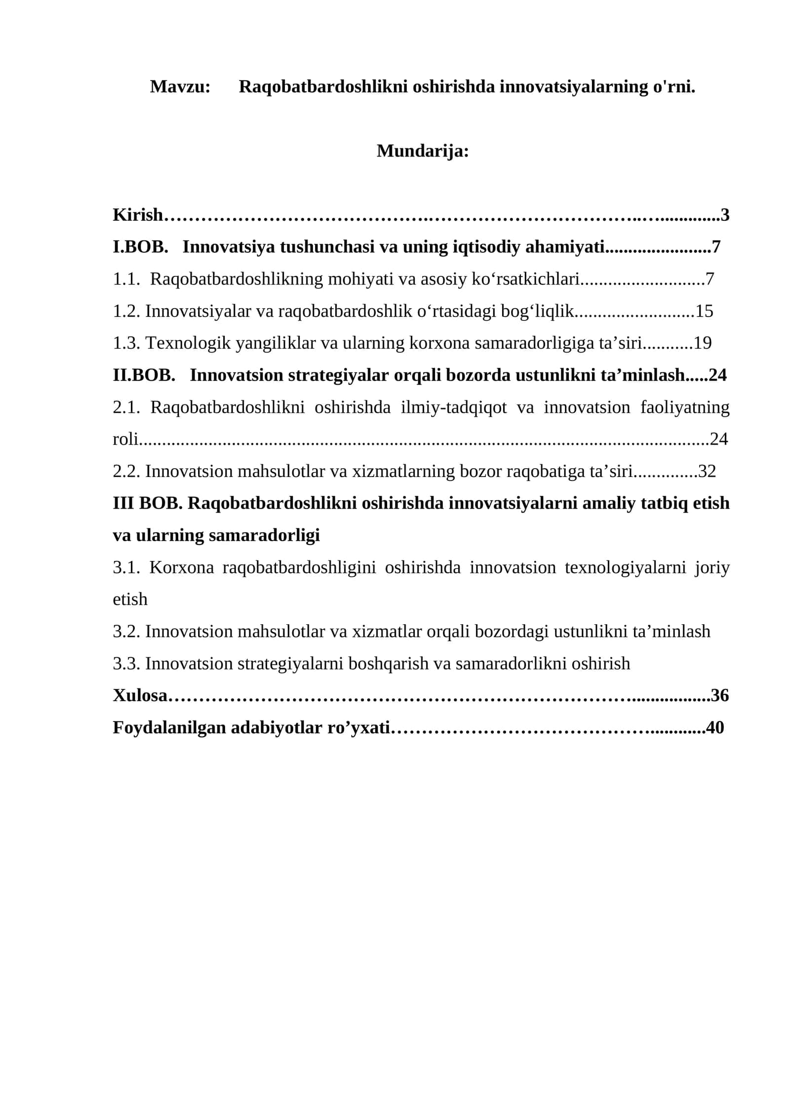 Raqobatbardoshlikni oshirishda innovatsiyalarning o'rni