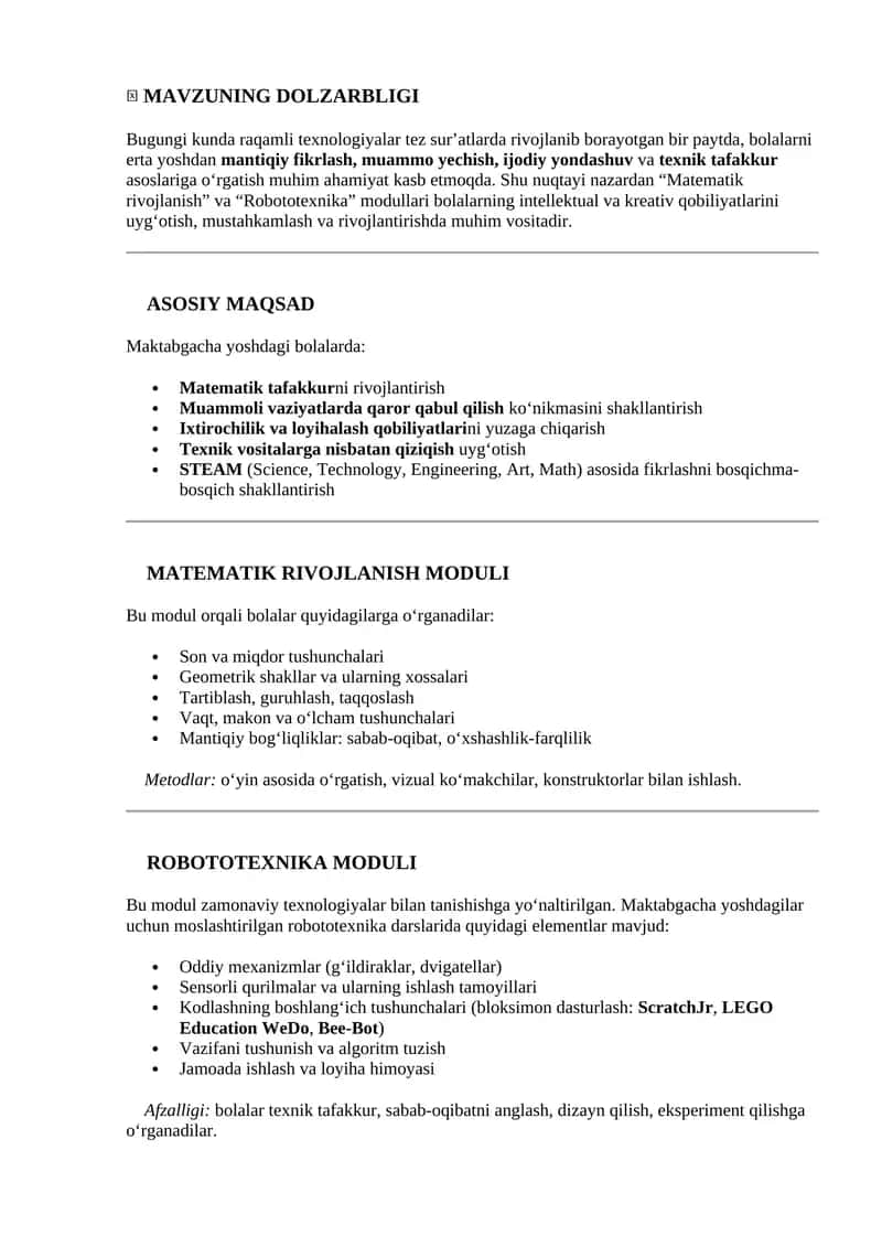Robototexnika va Matematik rivojlanish modullari