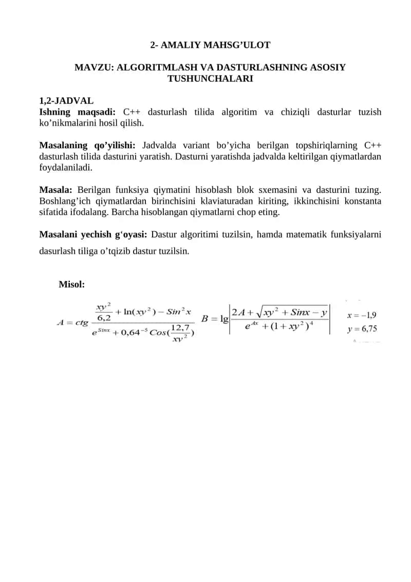 ALGORITMLASH VA DASTURLASHNING ASOSIY TUSHUNCHALARI