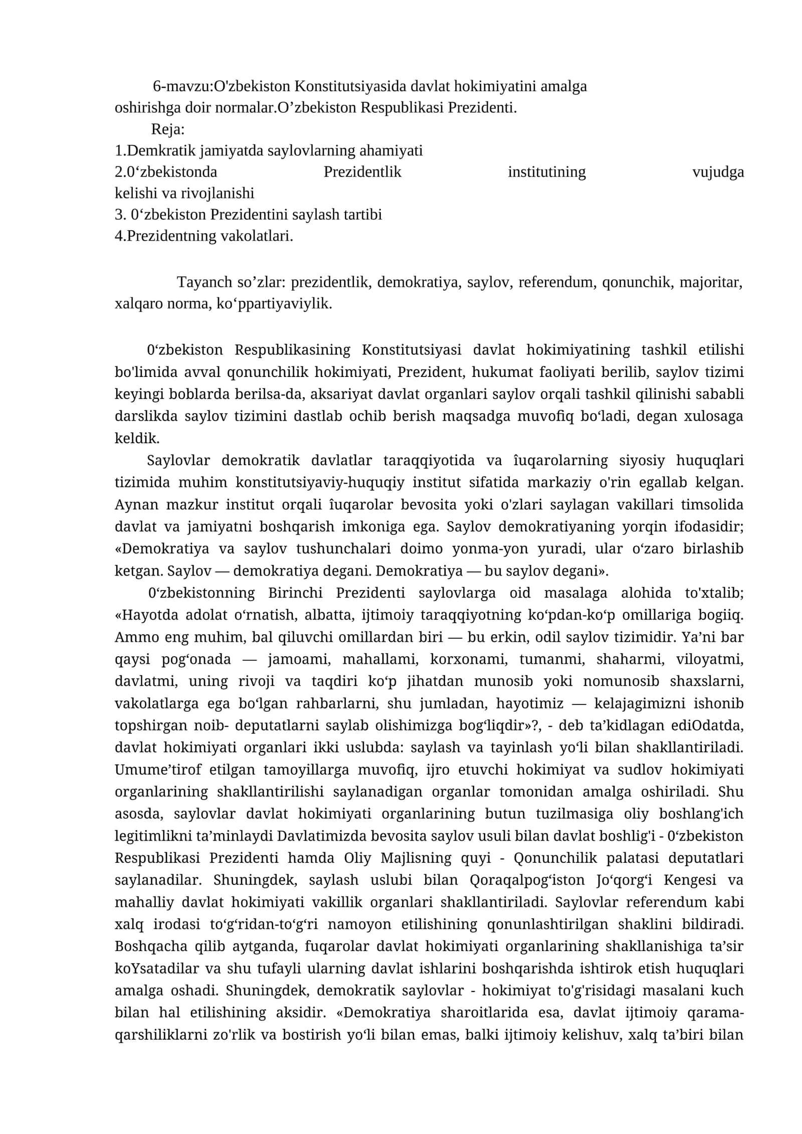 O'zbekiston Konstitutsiyasida davlat hokimiyatini amalga oshirishga doir normalar