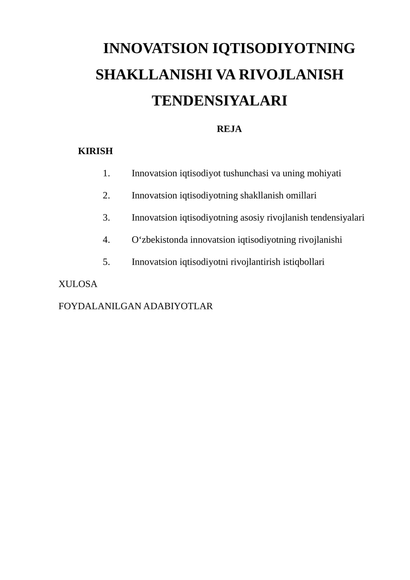 INNOVATSION IQTISODIYOTNING SHAKLLANISHI VA RIVOJLANISH TENDENSIYALARI