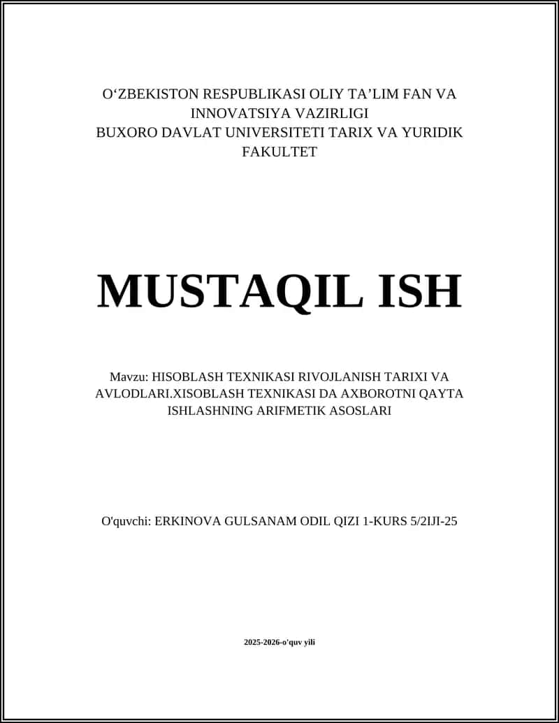HISOBLASH TEXNIKASI RIVOJLANISH TARIXI VA AVLODLARI