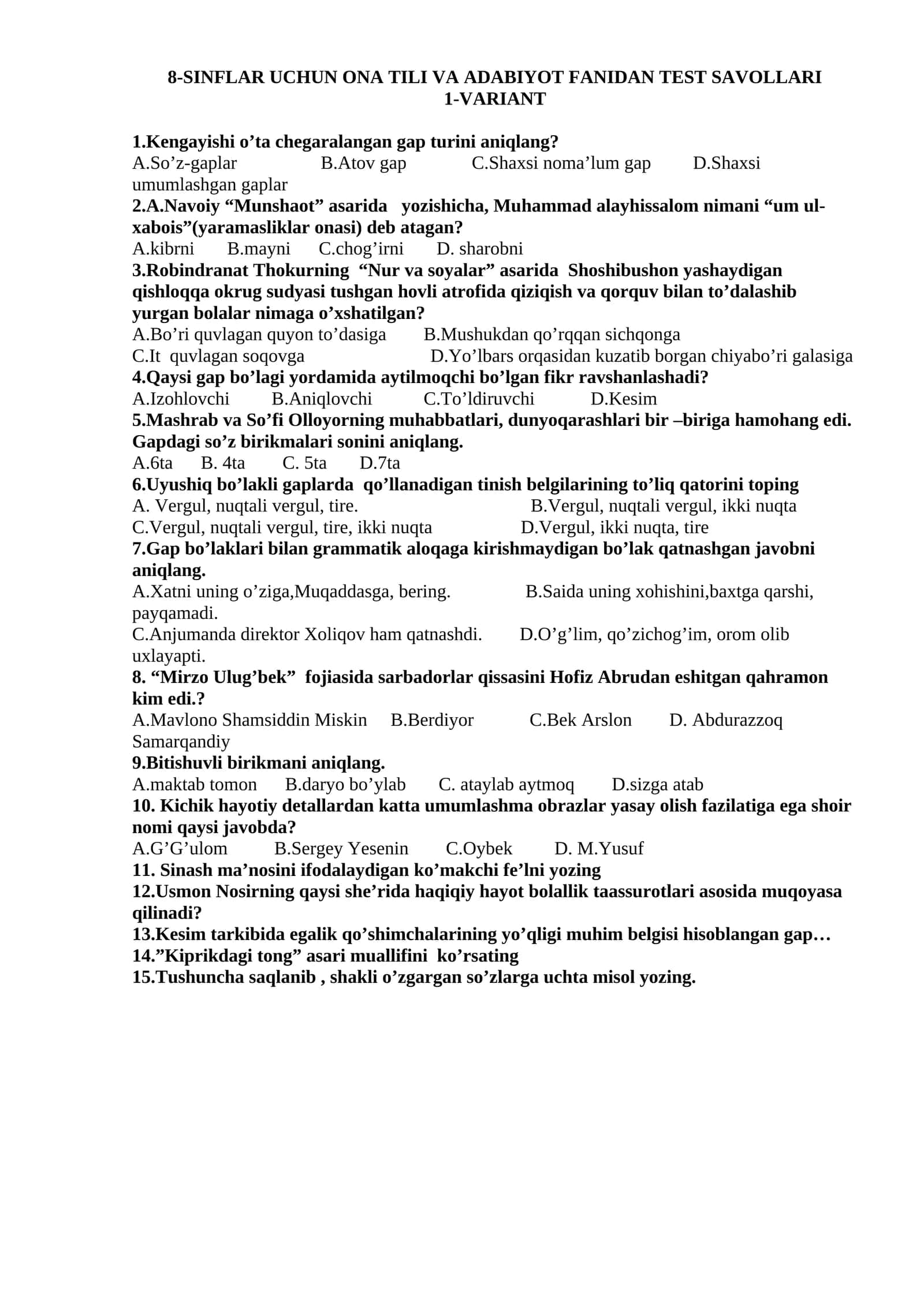 8-SINFLAR UCHUN ONA TILI VA ADABIYOT FANIDAN TEST SAVOLLARI