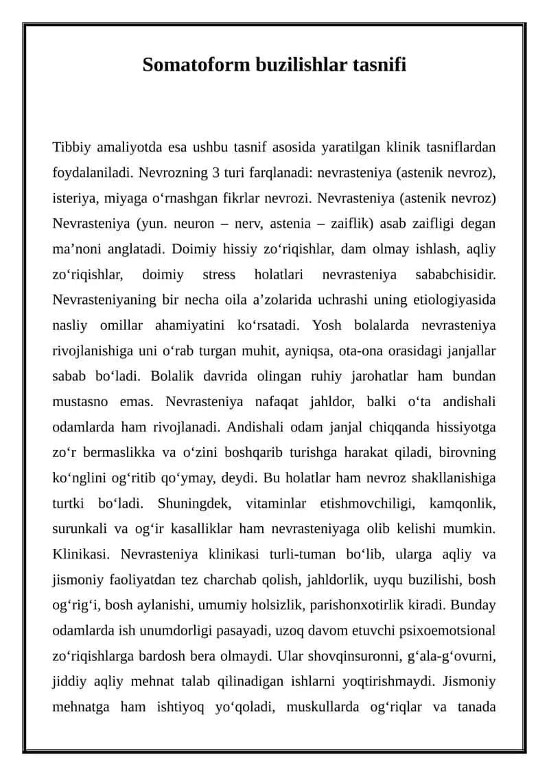 Somatoform buzilishlar tasnifi