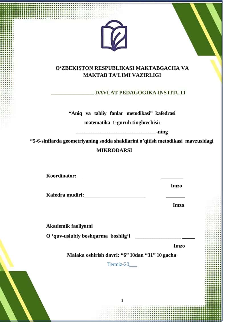5-6-sinflarda geometriyaning sodda shakllarini o’qitish metodikasi Mikrodars