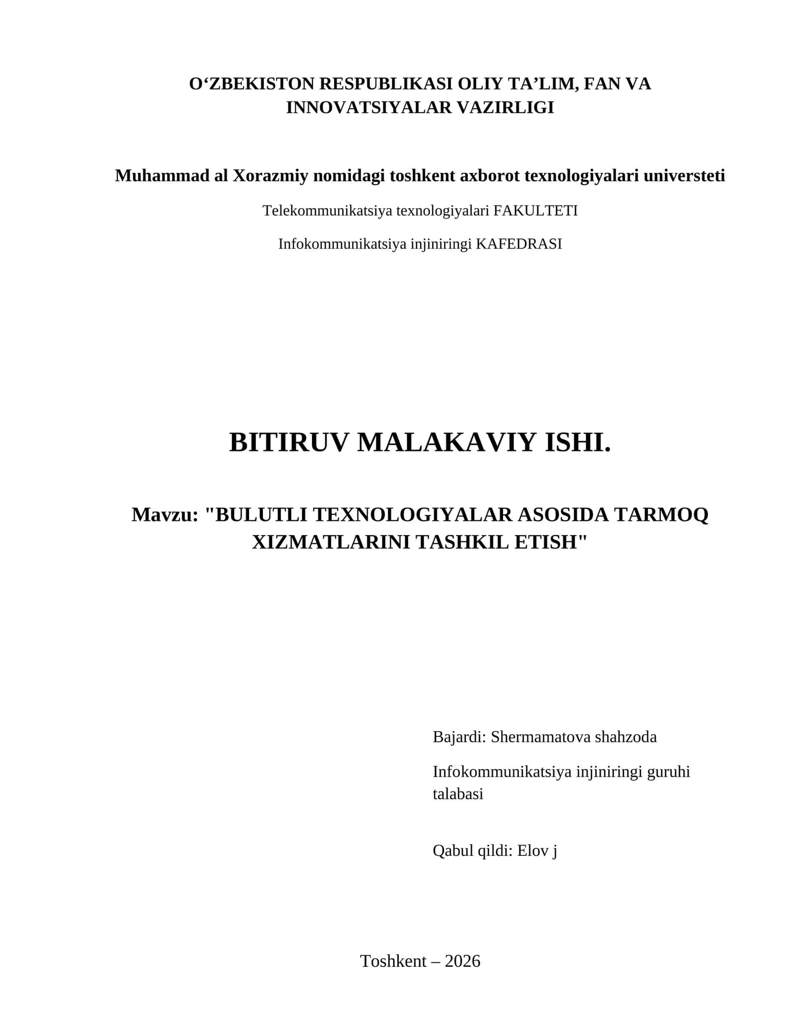 Bulutli texnologiyalar asosida tarmoq xizmatlarini tashkil etish