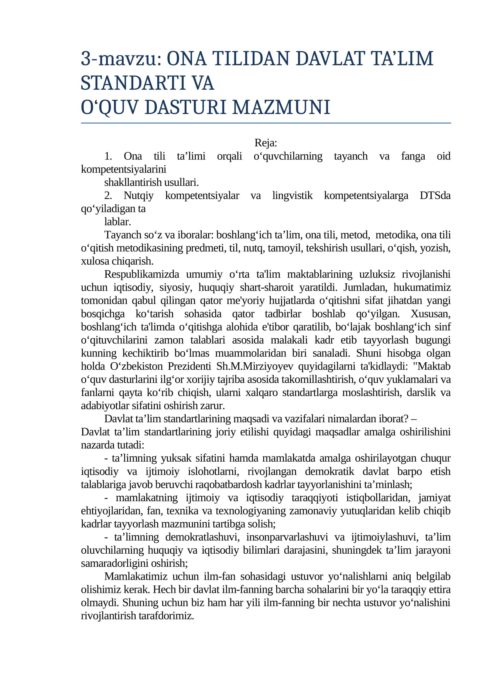 ONA TILIDAN DAVLAT TA’LIM STANDARTI VA O‘QUV DASTURI MAZMUNI