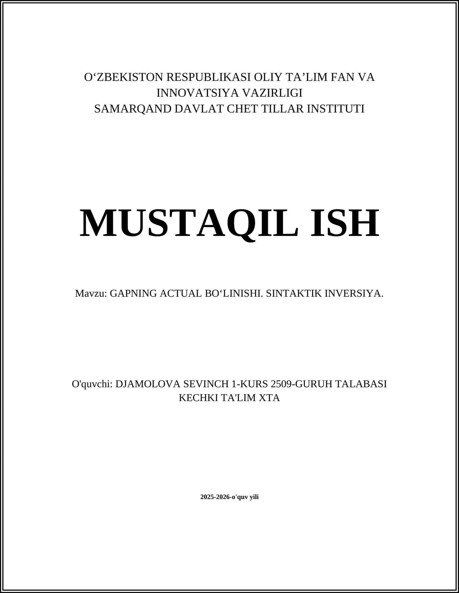 GAPNING ACTUAL BOʻLINISHI. SINTAKTIK INVERSIYA