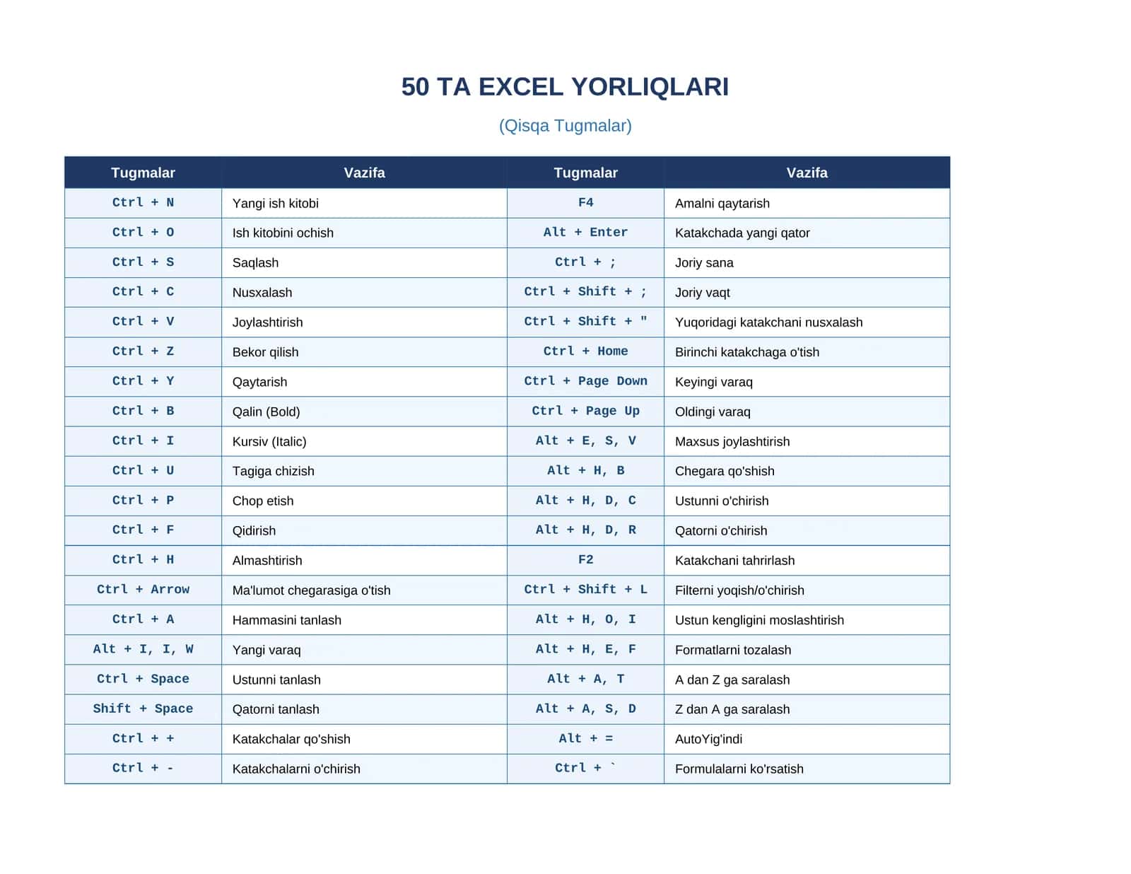 50 TA EXCEL YORLIQLARI
