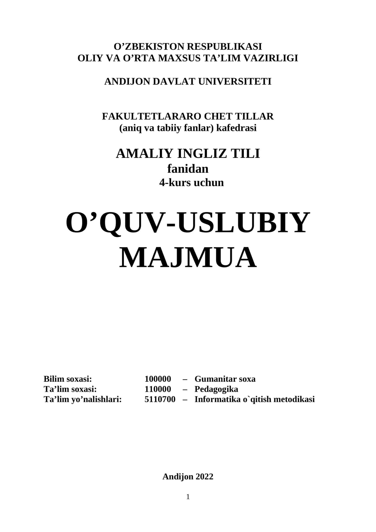 Amaliy ingliz tili fanidan  4-kurs uchun O’QUV-USLUBIY MAJMUA