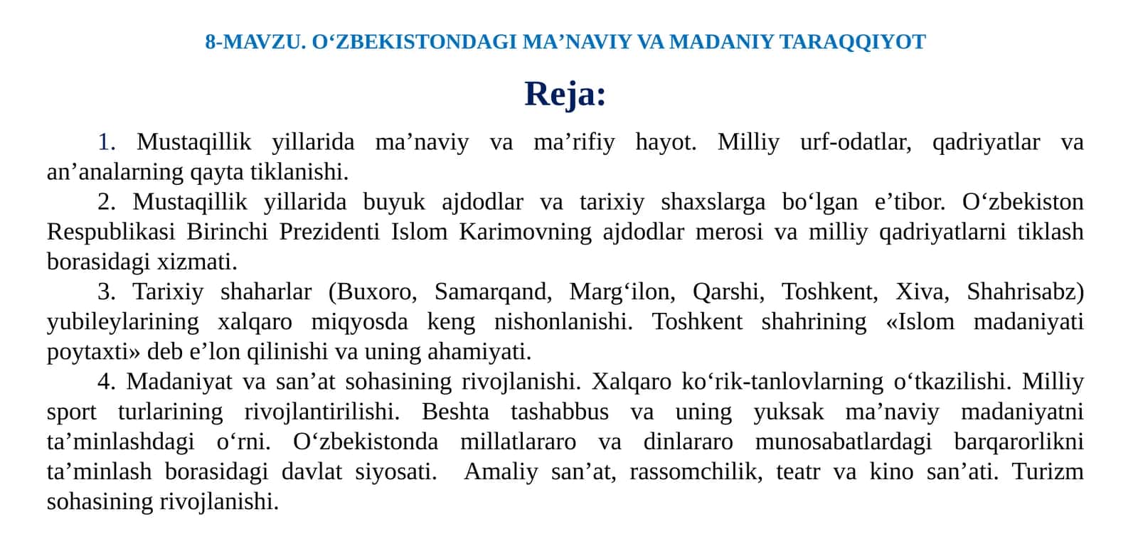 O‘ZBEKISTONDAGI MAʼNAVIY VA MADANIY TARAQQIYOT