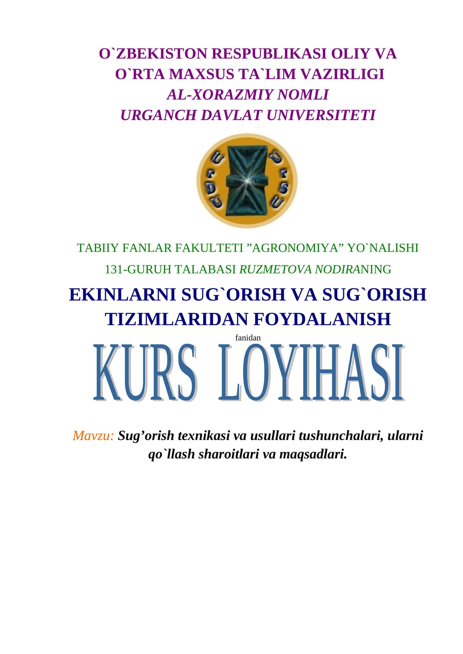 Sug’orish texnikasi va usullari tushunchalari, ularni qo`llash sharoitlari va maqsadlari