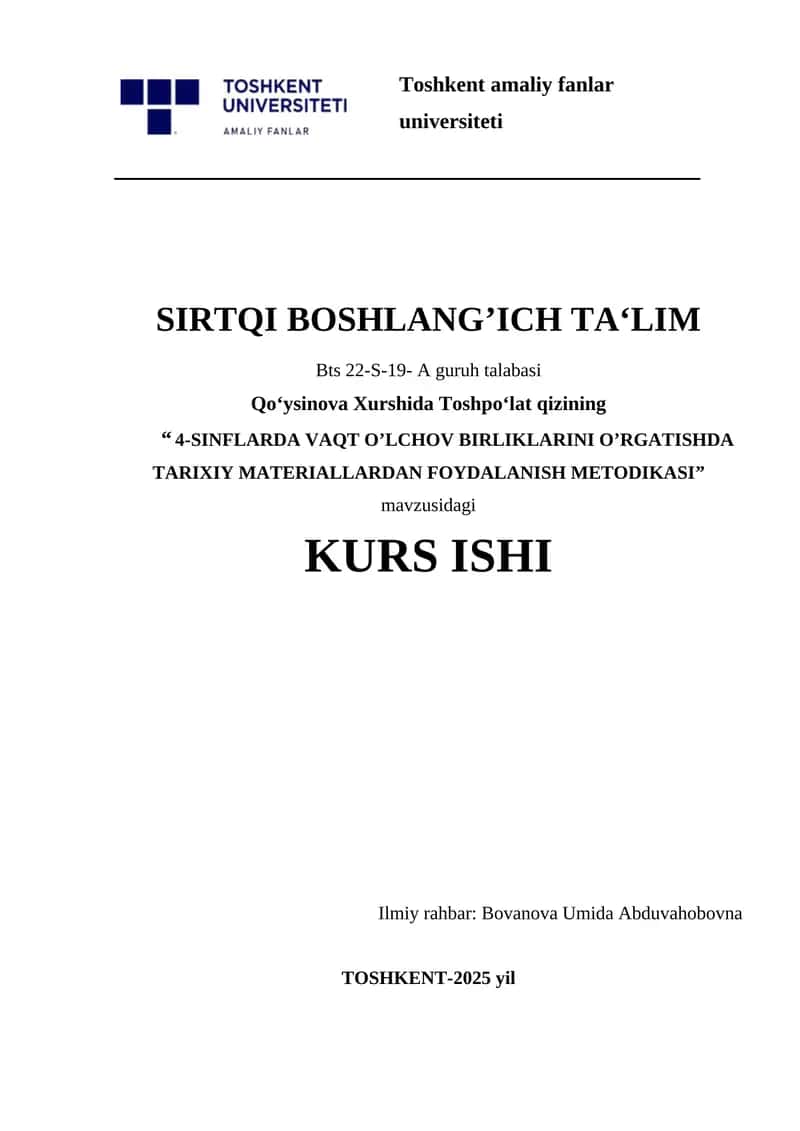 “ 4-SINFLARDA VAQT O’LCHOV BIRLIKLARINI O’RGATISHDA TARIXIY MATERIALLARDAN FOYDALANISH METODIKASI.docx
