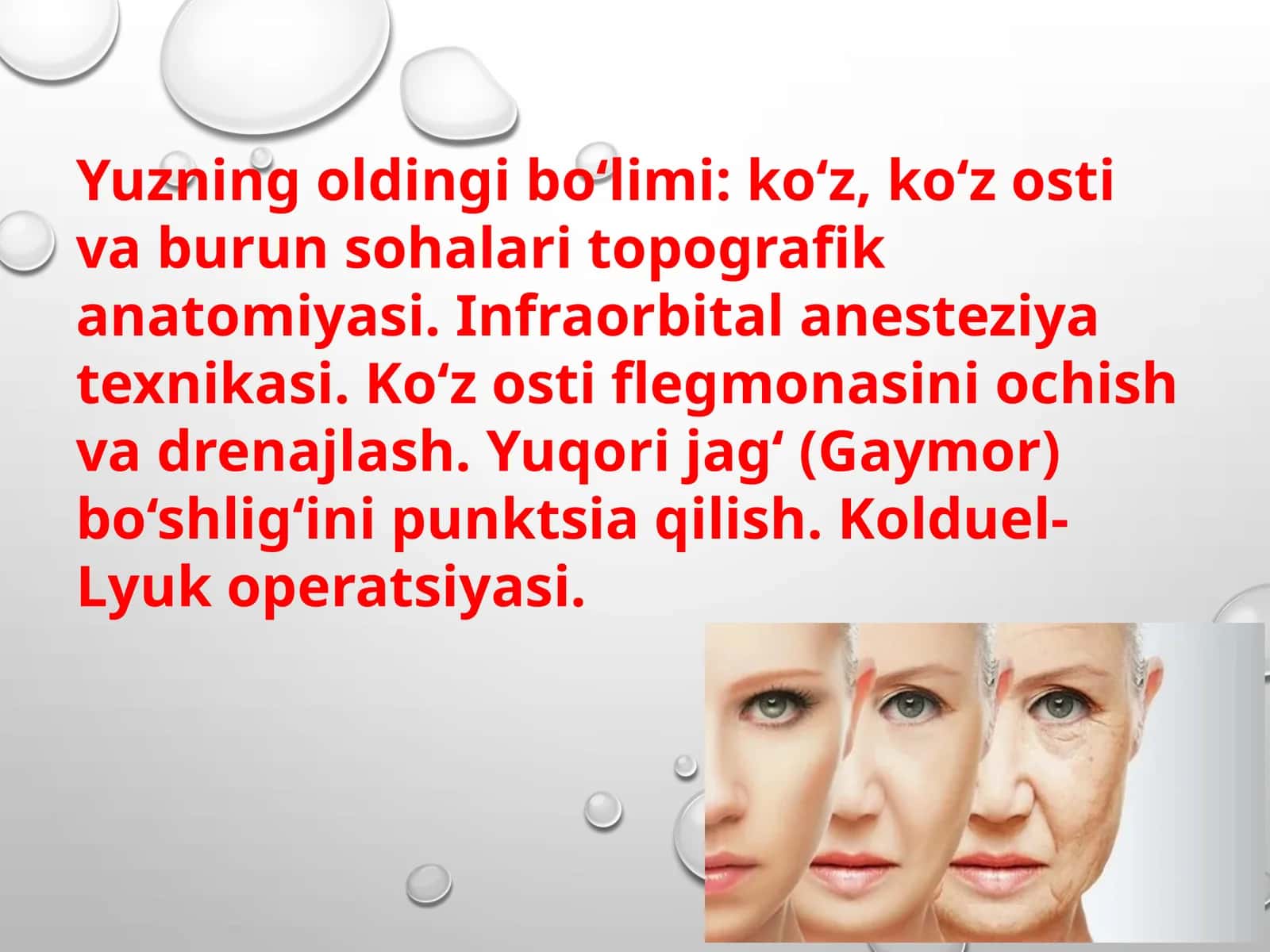 Yuzning oldingi bo‘limi: ko‘z, ko‘z osti va burun sohalari topografik anatomiyasi. Infraorbital anes