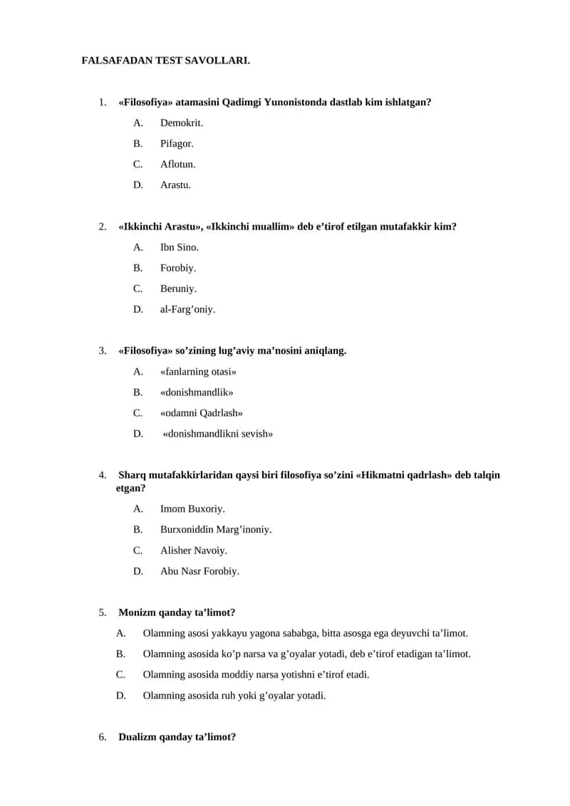 FALSAFADAN TEST SAVOLLARI