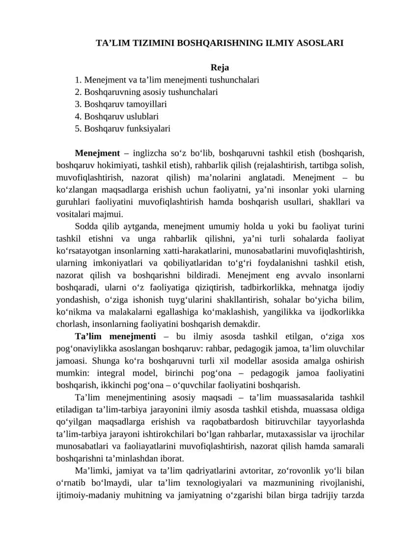 TA’LIM TIZIMINI BOSHQARISHNING ILMIY ASOSLARI