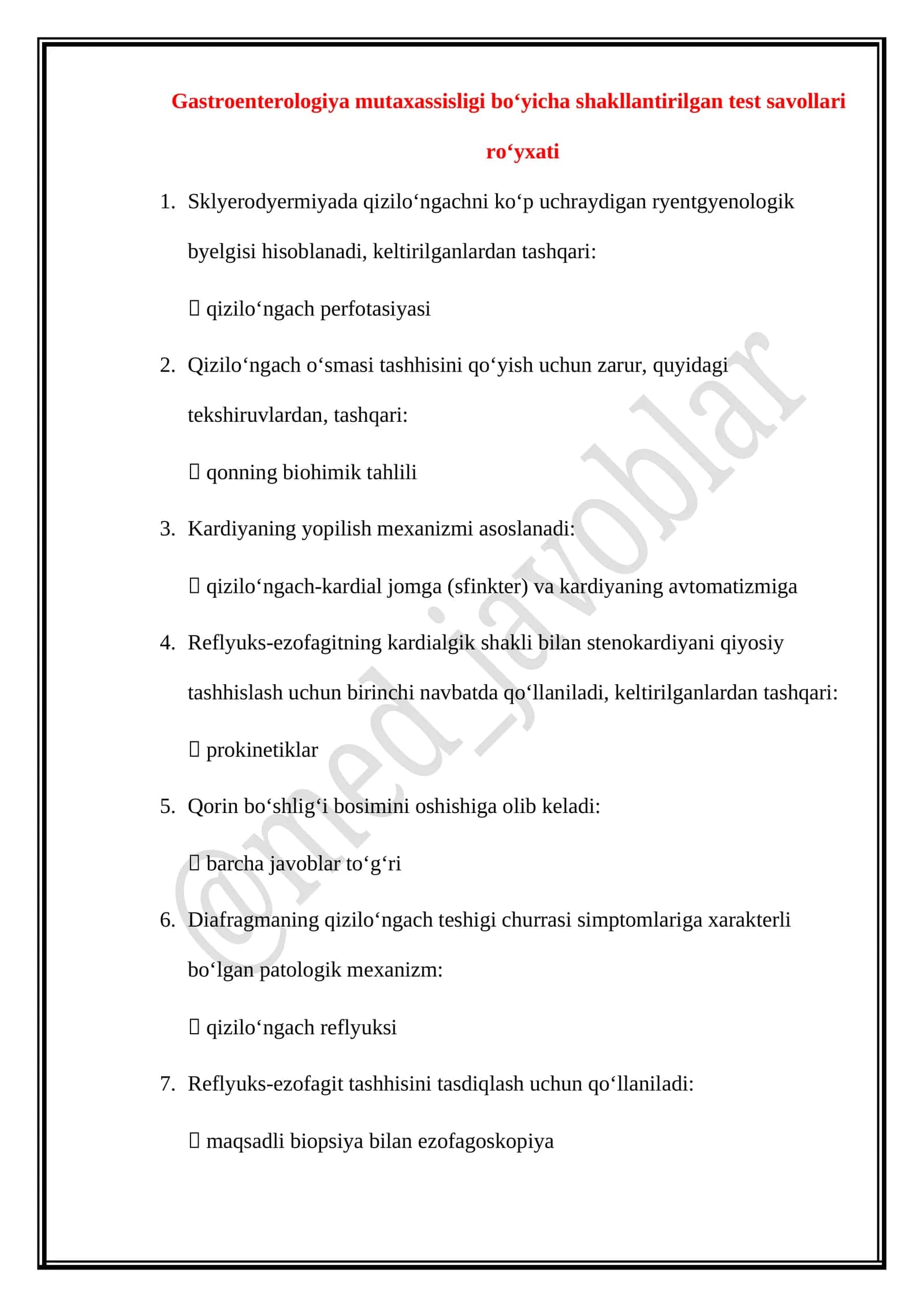Gastroenterologiya mutaxassisligi boʻyicha shakllantirilgan test savol javoblari