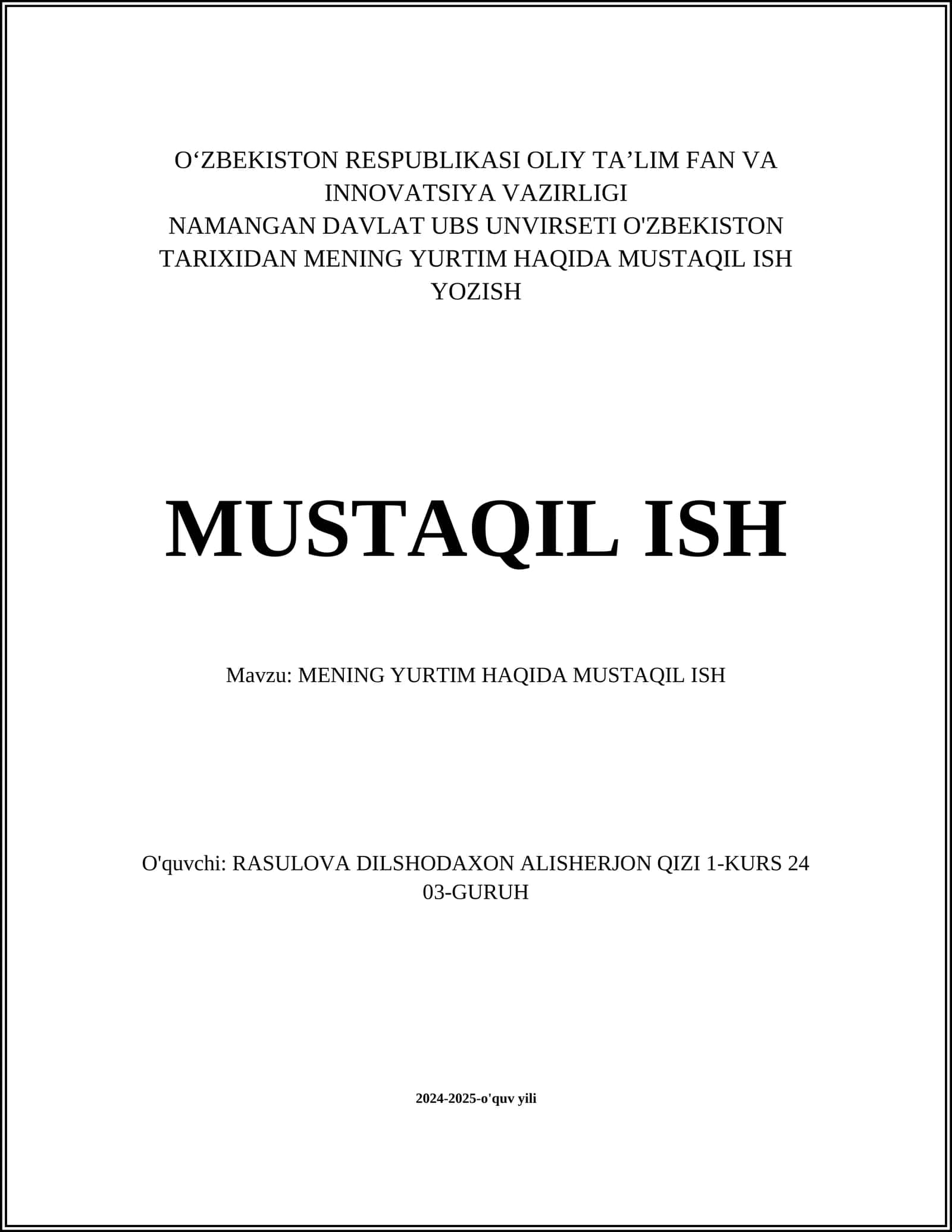 MENING YURTIM HAQIDA MUSTAQIL ISH